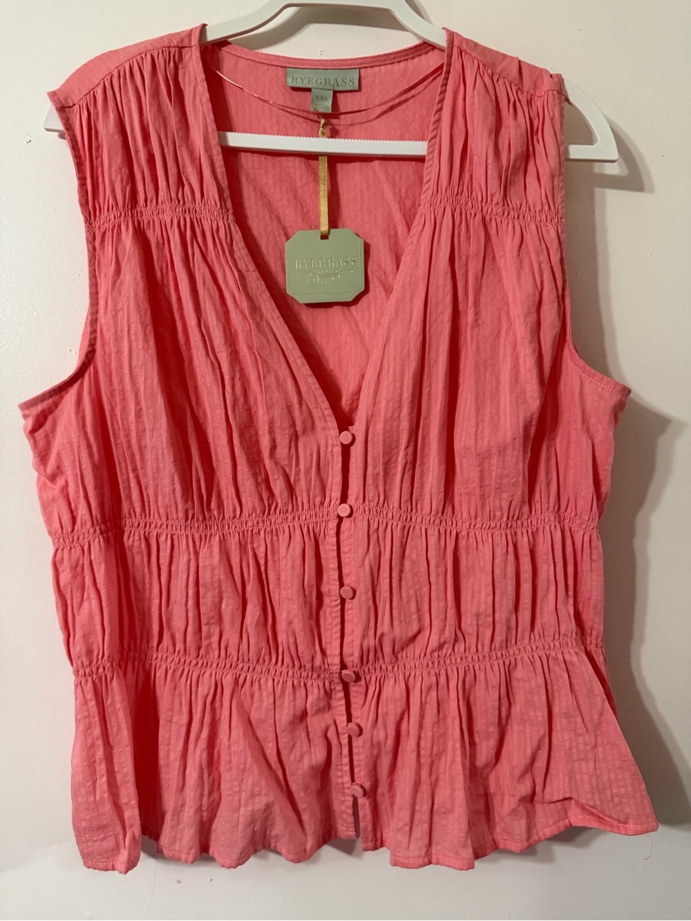 Eyelet-Detail Sleeveless Button Front Blouse in Coral